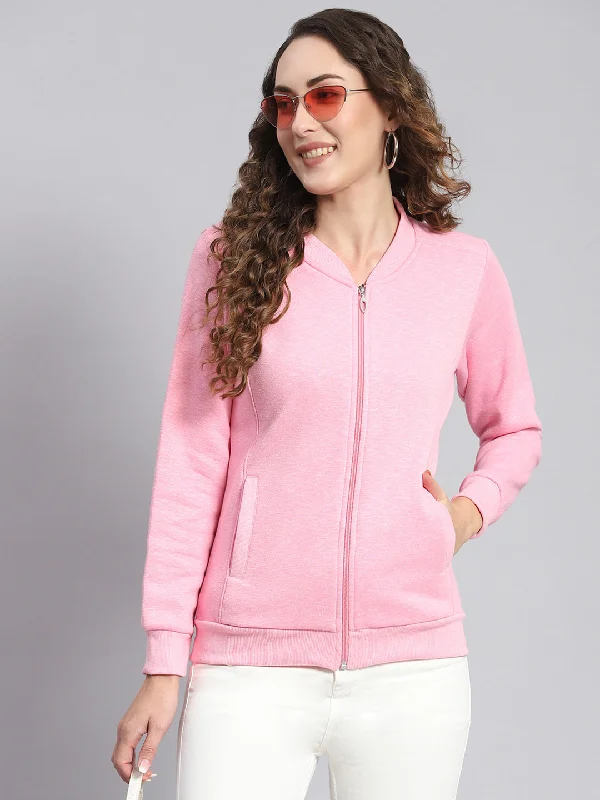 Women Pink Solid Mandarin Collar Full Sleeve Sweatshirts