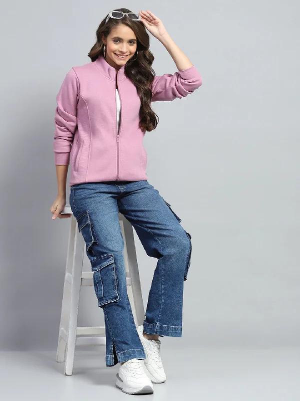 Women Pink Solid Mock Neck Full Sleeve Sweatshirt