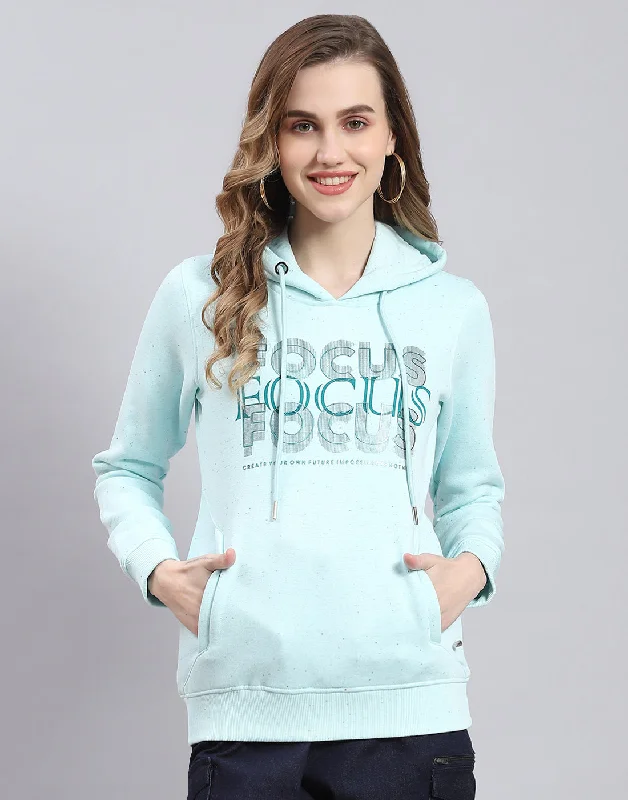 Women Turquoise Blue Printed Hooded Full Sleeve Sweatshirt