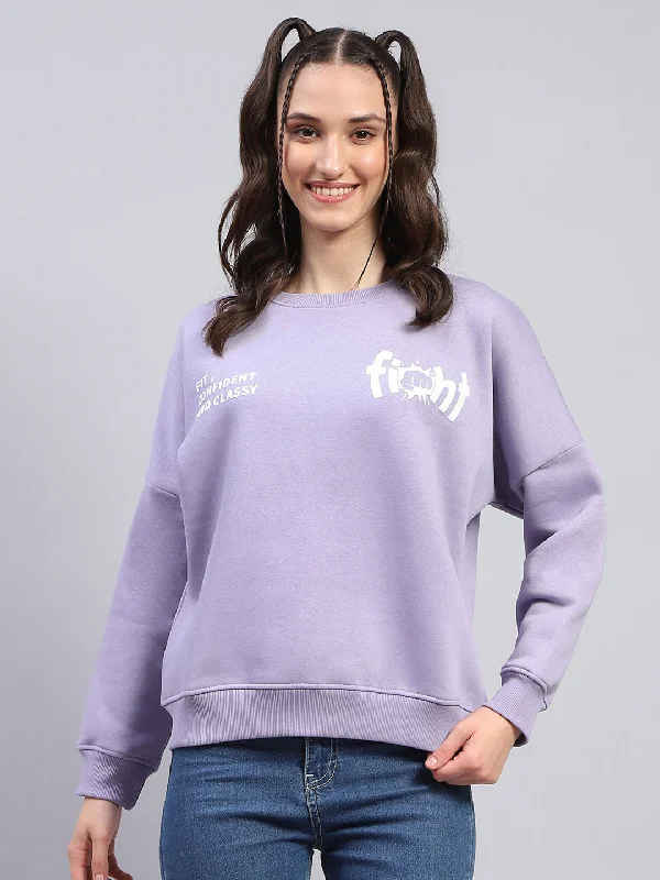 Women Purple Printed Round Neck Full Sleeve Sweatshirt