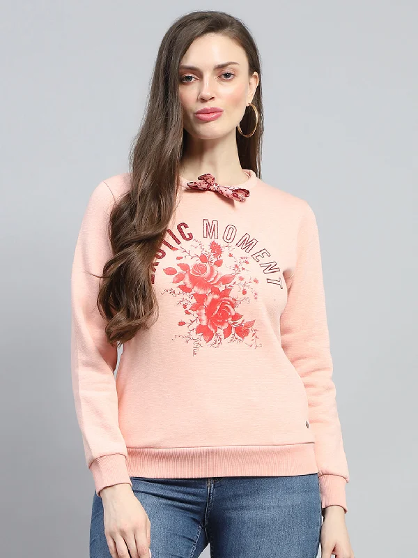 Women Peach Printed Round Neck Full Sleeve Sweatshirt