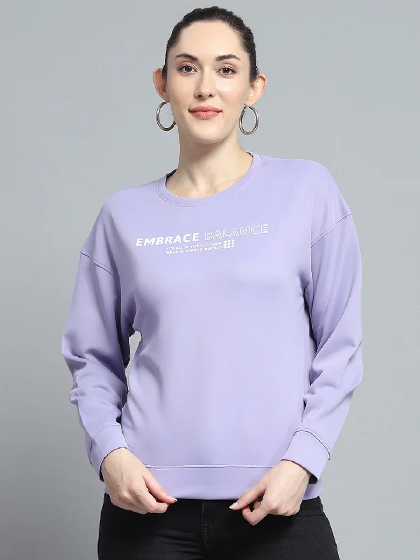 Women Purple Printed Round Neck Full Sleeve Sweatshirt