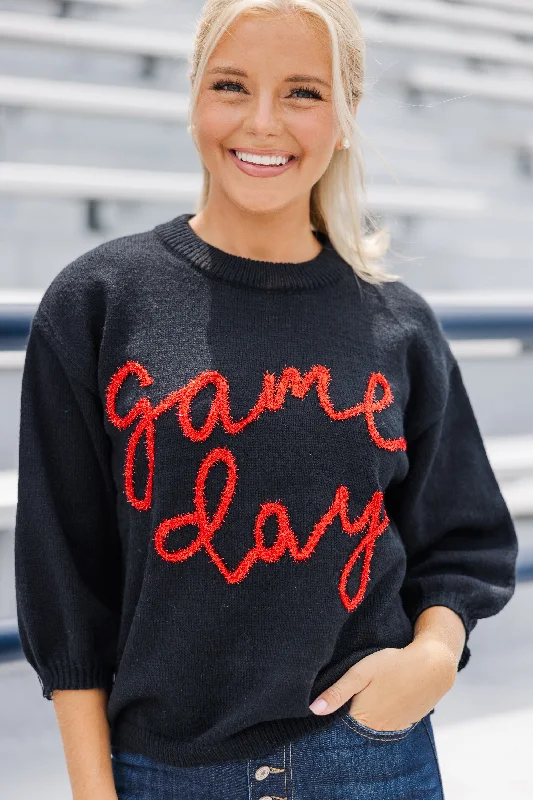 It's Game Day Black/Red Puff Sleeve Sweater