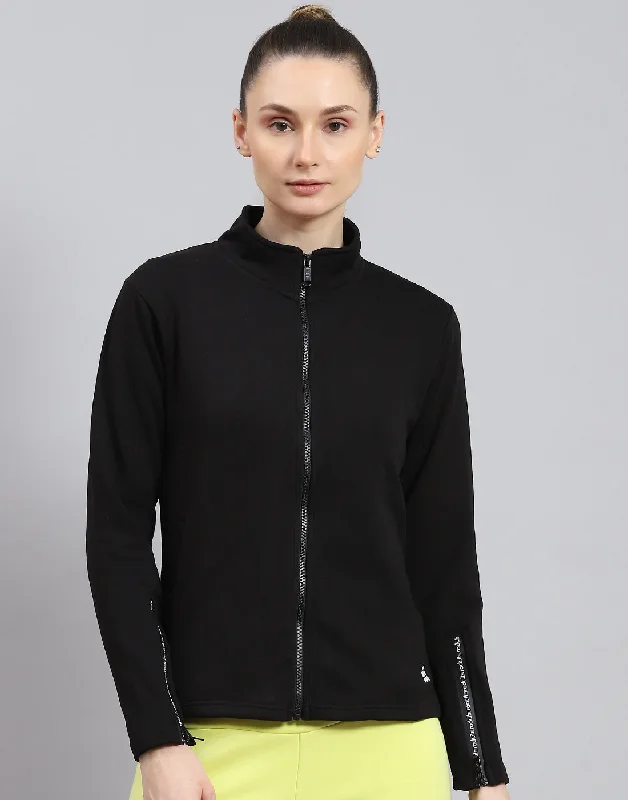 Women Black Solid Stand Collar Full Sleeve Sweatshirt