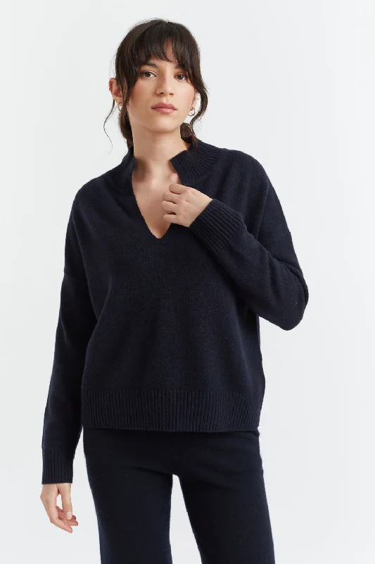 Navy Cashmere V-Neck Funnel Sweater