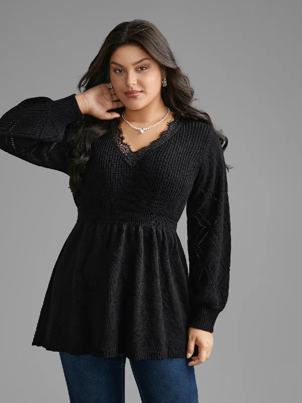 V Neck Lace Panel Lantern Sleeve Pullover