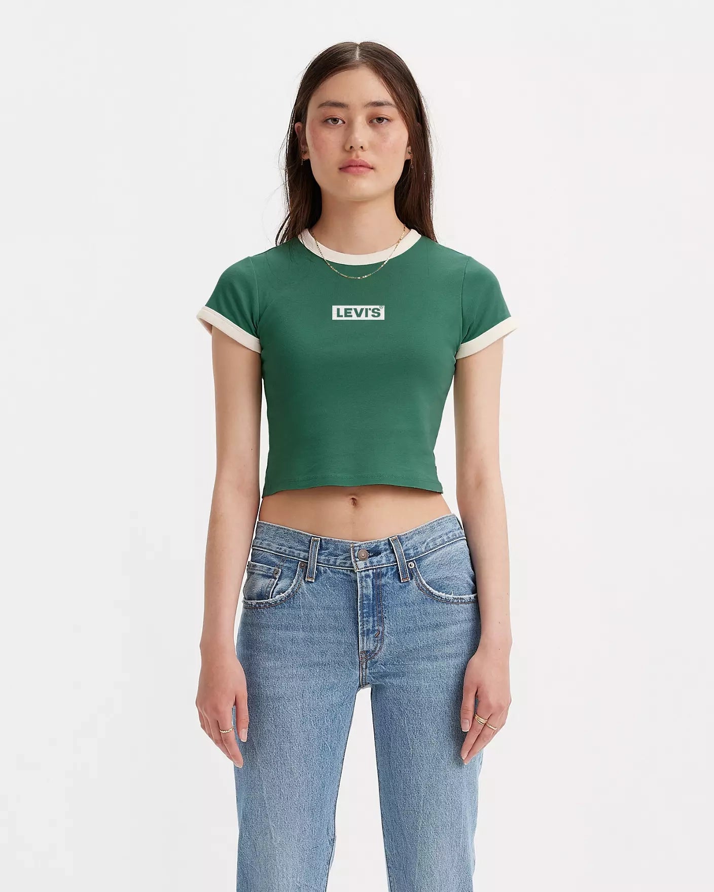 Graphic Mini Ringer T-Shirt in Bistro Green & White