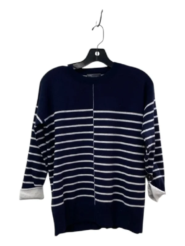 Vince Size XXS Navy & white Cotton Blend Round Neck Asymetric Stripe Sweater