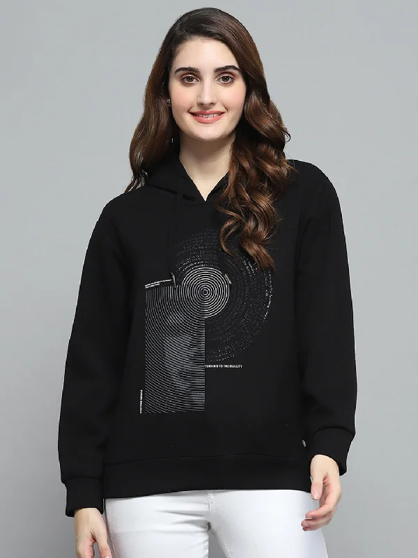 Women Black Printed Hooded Full Sleeve Sweatshirt