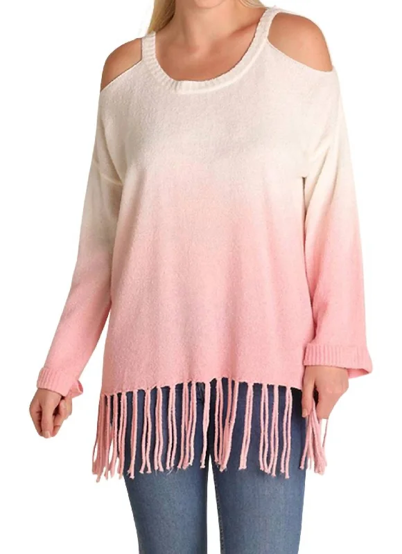 Ombre Cold Shoulder Fringe Sweater - Plus In Rose