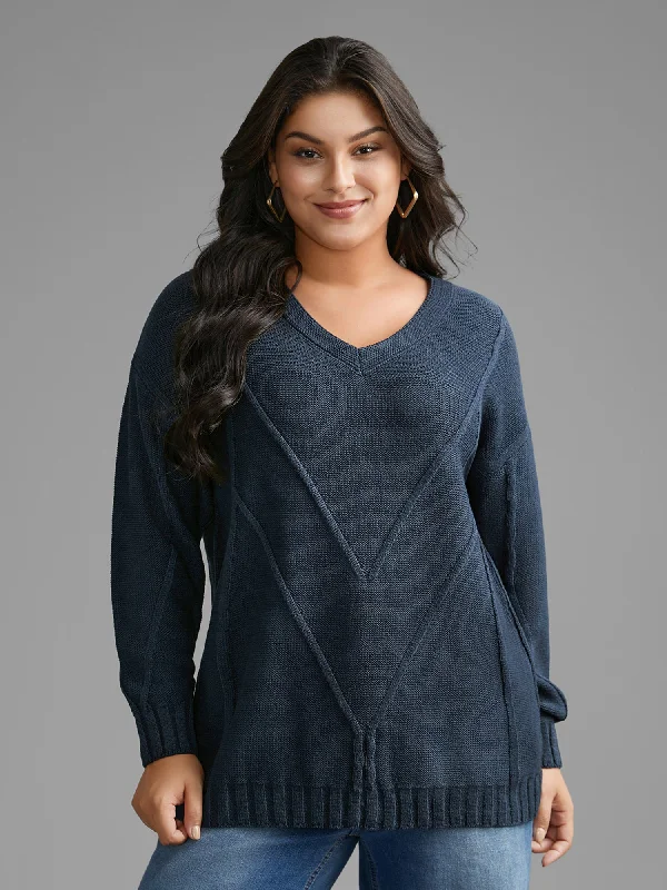 V Neck Cable Knit Texture Pullover