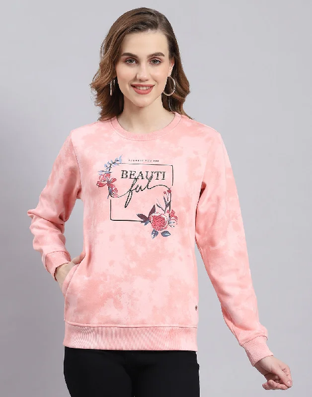 Women Pink Printed Round Neck Full Sleeve Sweatshirt