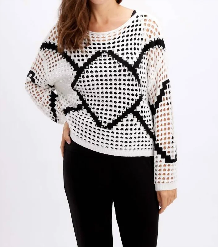 Printed Fishnet Top In Black/white