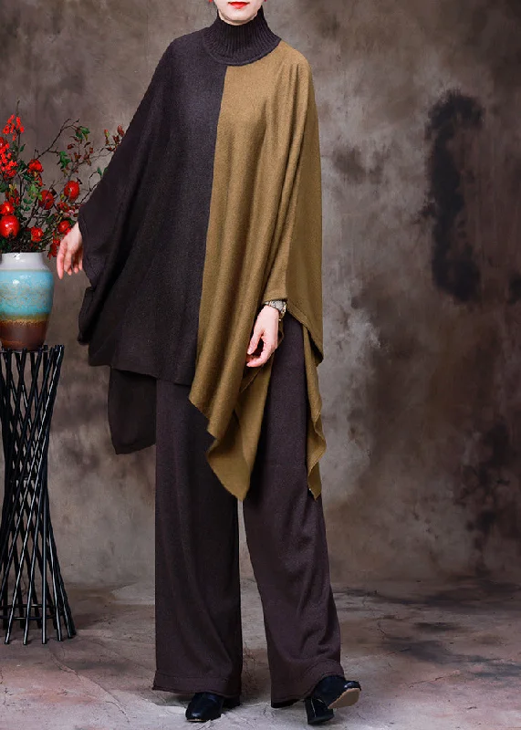 DIY Coffee Turtleneck Asymmetrical Patchwork Knit Sweaters And Wide Leg Pants Two Pieces Set Fall