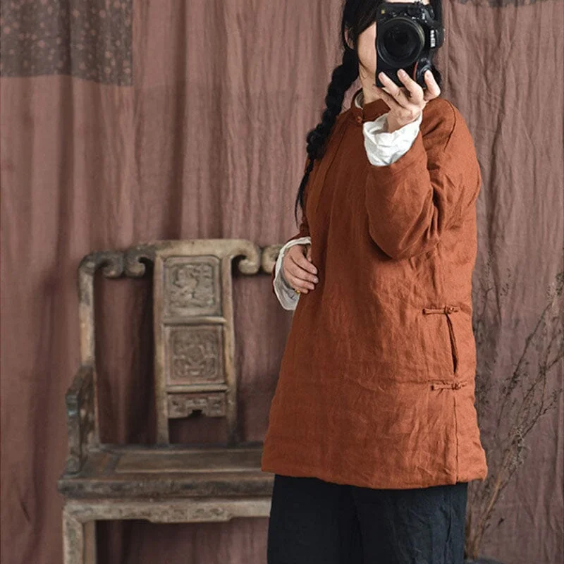 Autumn Winter Retro Linen Quilted Solid Coat for Women