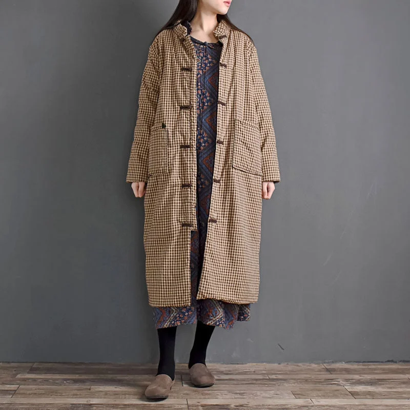 Babakud Women Winter Loose Plaid Linen Cotton- Lined Coat