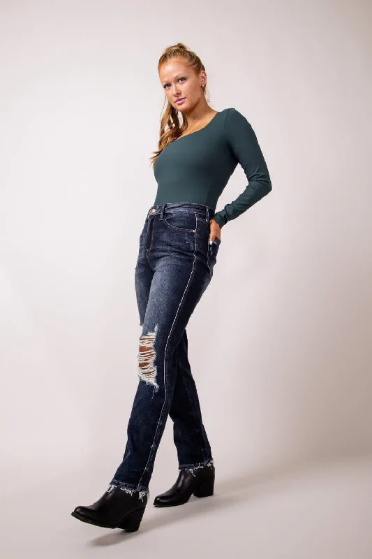 Judy Blue High Rise Rigid Magic Distressed Straight Jeans for Women | 88819-DK