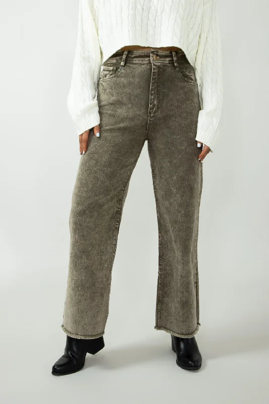 Washed Frayed Wide Leg Jeans for Women in Olive | NP70291-OLIVE