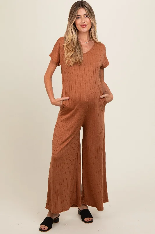 Camel Ribbed Wide Leg Maternity Jumpsuit