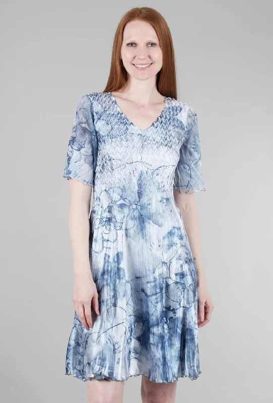 Short Flounce-Sleeve Sketch Dress, Indigo