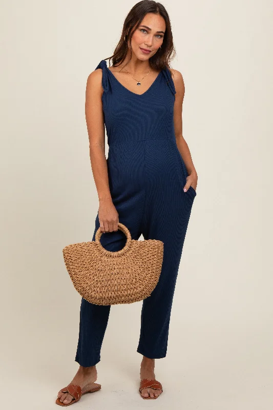 Navy Tie Strap Maternity Jumpsuit