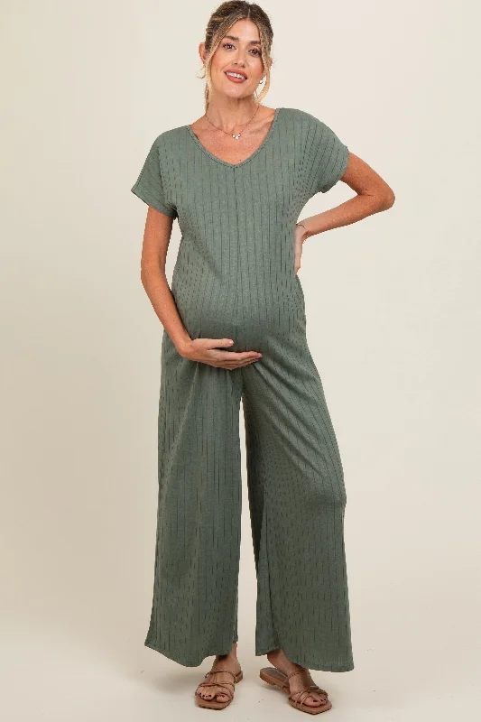 Olive Ribbed Wide Leg Maternity Jumpsuit