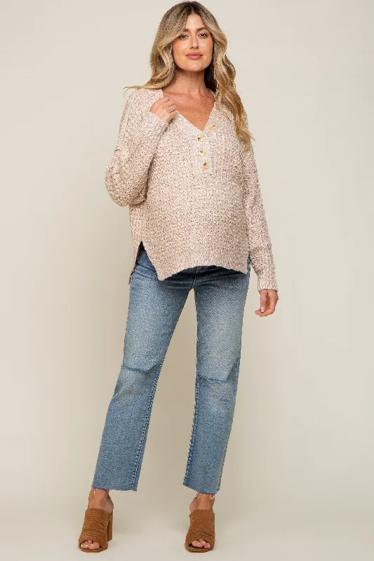 Beige Chunky Knit Button V-Neck Maternity Sweater