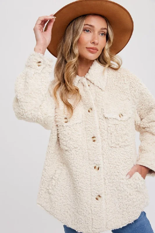 Cream Fuzzy Knit Shirt Jacket