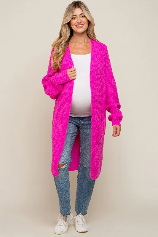 Fuchsia Chunky Waffle Knit Maternity Cardigan