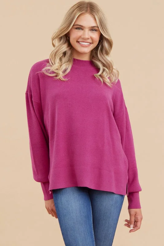 Magenta Knit Mock Neck Long Sleeve Top