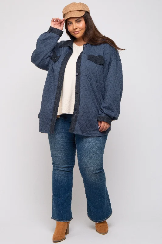 Navy Blue Colorblock Quilted Plus Shirt Jacket