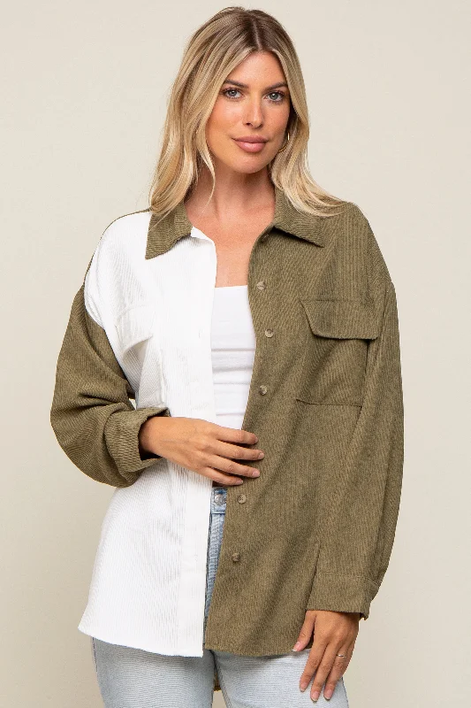 Olive Color blocked Courdoroy Button Down Top