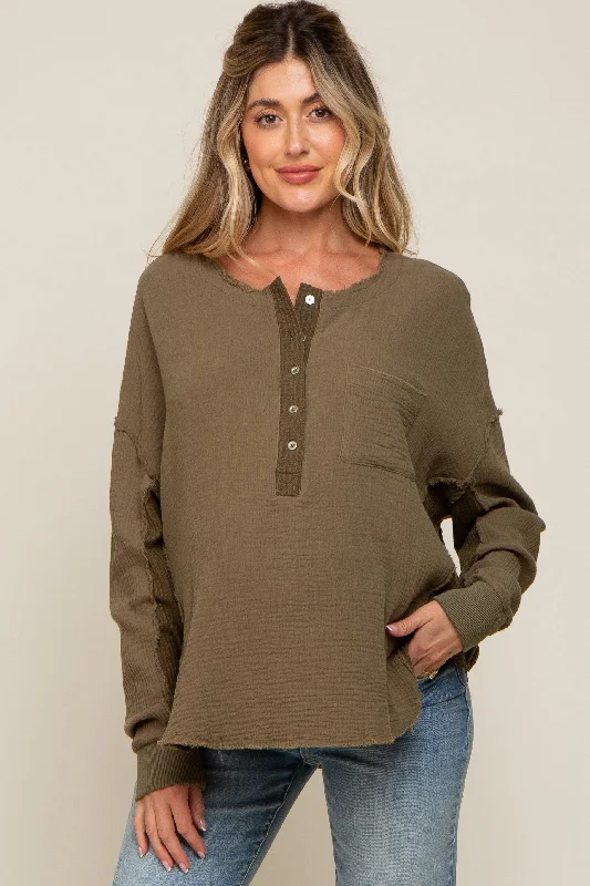 Olive Front Button Drop Shoulder Long Sleeve Maternity Top