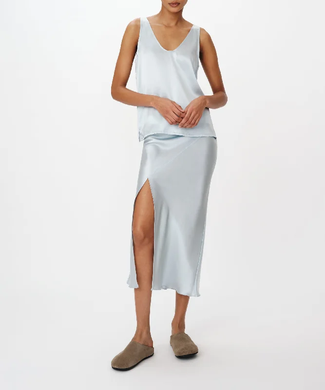 Satin Slit Detail Bias Skirt - Pastel Blue